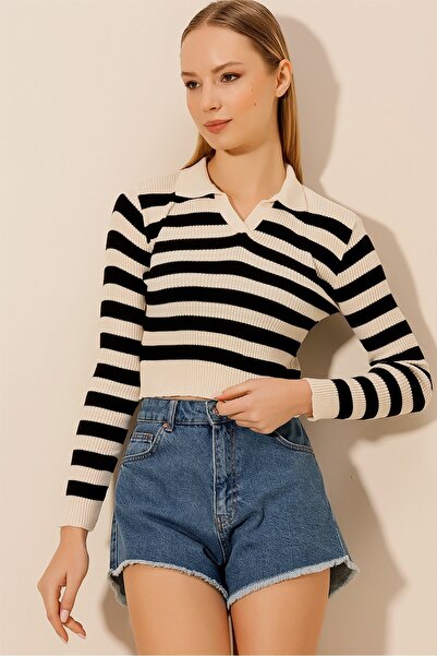 HAKKE Kadın Çizgili Crop Polo Yaka Triko Kazak