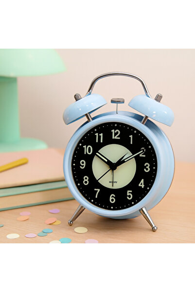 Livava Yuvarlak Küçük Metal Masa Saati, Alarmlı ve Işıklı, Mavi, 12 cm