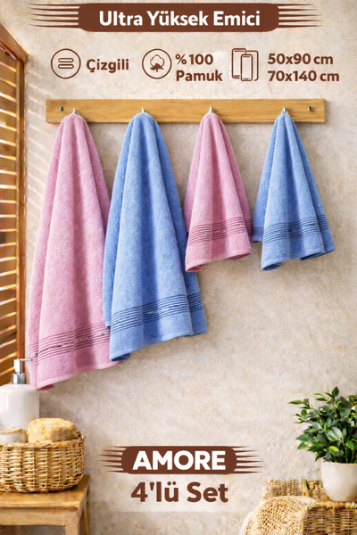 BAMİROSE 50x90 70x140 CM AMORE BATH 4'LÜ BANYO HAVLU TAKIMI, PLAJ HAVLUSU, HA...