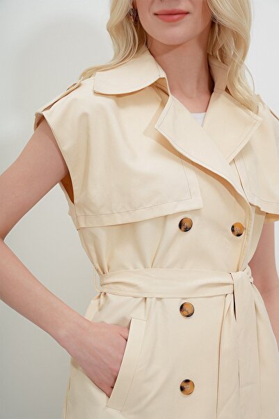 HAKKE Camel Beli Kuşaklı Çift Cepli TRENÇKOT