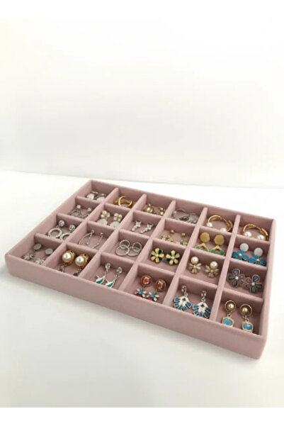 Aydın Decor Fabric Covered Oval Cornered Suede Pink 24 Compartment Jewelry Ta...