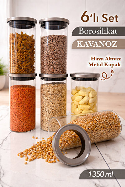 Lizzy 6 Lı 1350 ML Borosilikat Cam Kavanoz Vakumlu Metal Kapaklı Erzak Saklam...
