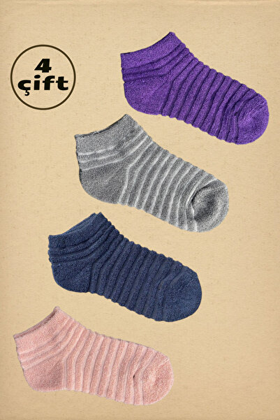 İbrahim Berk 4 Pairs Women's Reverse Towel Booties Socks Colorful Cotton Reve...