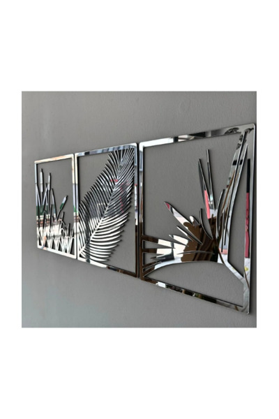 Numa Concept 3-Piece Painting on Mdf - Leaf and Reeds, Silver Plexi Wall Deco...