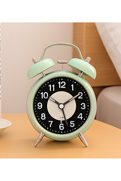 Livava Yuvarlak Küçük Metal Masa Saati, Alarmlı ve Işıklı, Mint, 12 cm