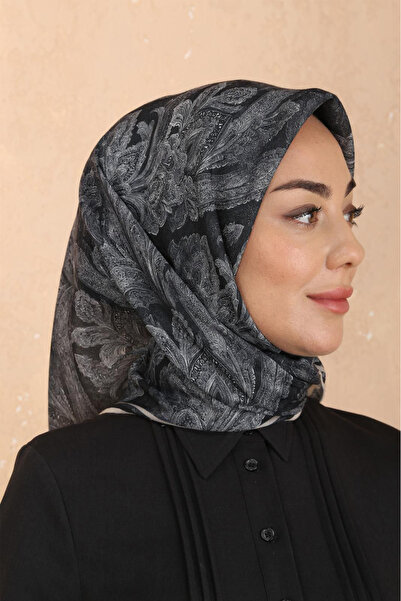 İpekel Siyah-Gri Desenli Soft Keten Eşarp