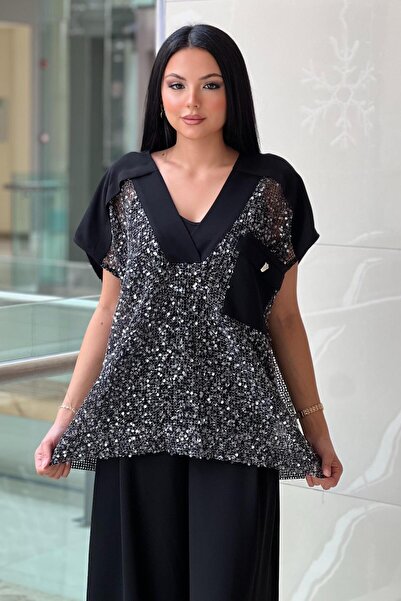 MİANOTTE Pul Payetli Kolsuz File Bluz