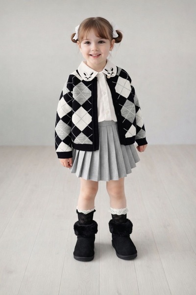 nazarbebe Girl's Plaid Patterned Cardigan & Pleated Skirt Combination – 2-5 Y...