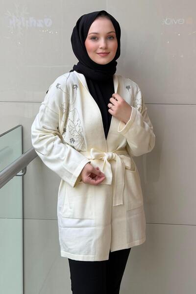 FUAT GÜRSEN Fuat Gürşen Beaded Open-Front Belted Knit Cardigan