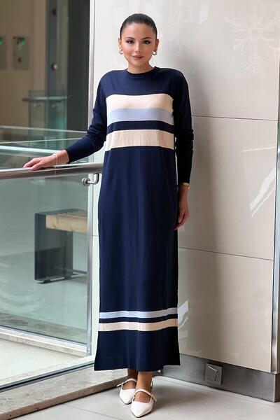 Nuss Göğüs Ve Etek Ucu Renkli Yatay Şeritli Merserize Elbise