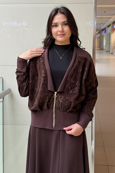 Ghisa V Yaka Yarım Fermuarlı Triko Kadife Kombinli Hırka