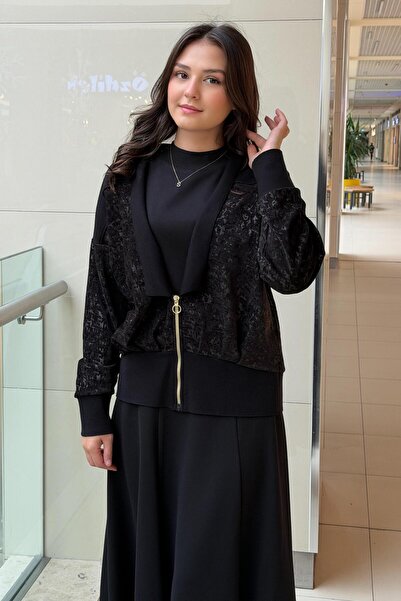 Ghisa V Yaka Yarım Fermuarlı Triko Kadife Kombinli Hırka