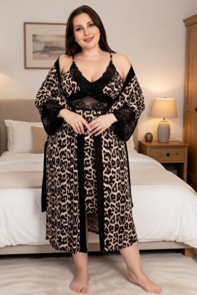 tarzımsüper Set cămașă de noapte cu halat de marime mare, cu bretele din bumb...