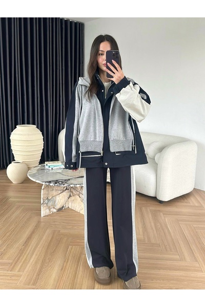 timagna Kadın Alt Üst Takım Katman Görünümlü Oversize Kontrast Renk Geçişli F...