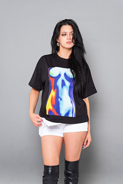 CİNEMA MODA Siluetă albastră cu imprimeu croi relaxat Femeie neagră tricou