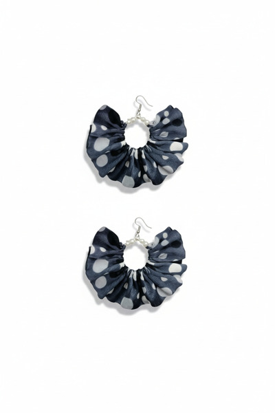 maia Smoked Black White Polka Dot Satin Fabric Pearl Design Dangle Earrings