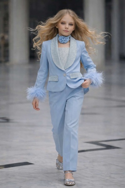 By Feyza Kids Collection طقم بناتي مكون من 4 قطع، جاكيت مزين بالريش، بنطلون، ...