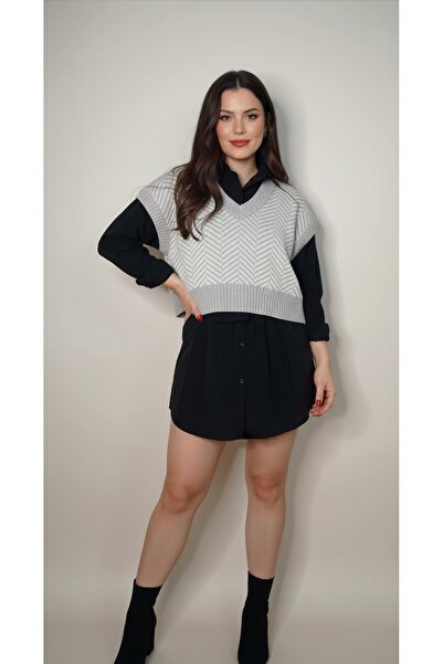 moda mh MODA MH V YAKA BALIK SIRTI GRİ TAŞ SÜVETER