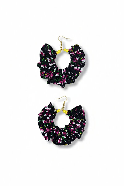 maia Black Floral Fabric Yellow Beaded Design Hoop Dangle Earrings