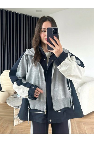 timagna Women's Top and Bottom Set Layer Look Oversized Contrast Color Gradient Zippered Tracksuit Set