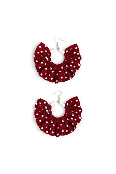 maia Burgundy White Polka Dot Fabric White Beaded Design Dangle Hoop Earrings