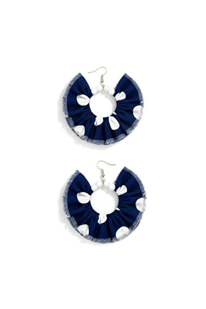 maia Navy Blue White Polka Dot Fabric White Beads Design Dangle Hoop Earrings