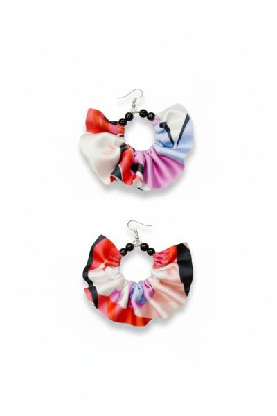 maia Red Patterned Fabric Black Beaded Design Hoop Dangle Earrings