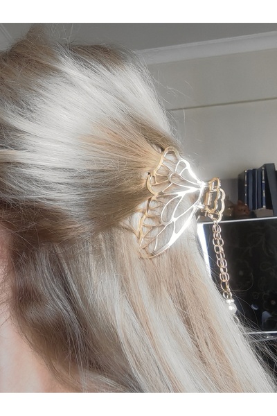 Bylin مشبك معدني على شكل فراشة ولؤلؤ وحجر مقاس كبير - قطعة واحدة