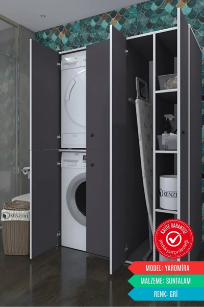 Kenzlife Çamaşır-Kurutma Makinesi Dolabı Kapaklı Yaromira Gri 180*120*60 Bany...