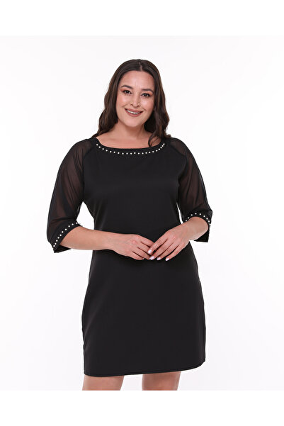 Curvy Trend Rochie cu mâneci din tul cu decolteu rotund, cu detalii de perle,...