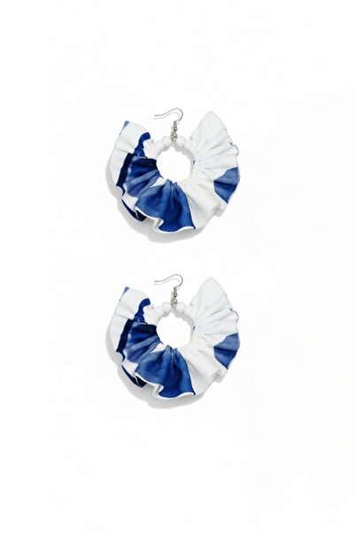 maia Women's Silver Color Hoop Dangle Earrings – Blue Patterned Fabric Beaded...