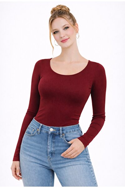 MODARENGİN بلوزة نسائية ذات أكمام طويلة وياقة راقصة الباليه باللون العنابي