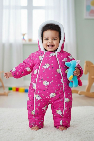 TNY DİJİTAL BASKILI KIZ BEBEK KAPŞONLU İÇİ PELUŞ KIŞLIK FERMUARLI ASTRONOT KO...