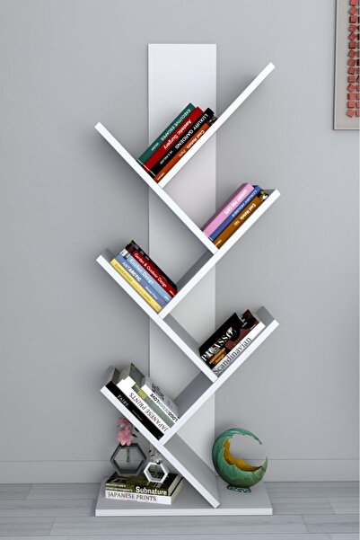 İda Wooden Modern Beyaz Ağaç Kitaplık – 5 Raflı, Dekoratif Kitap Ve Biblo Rafı