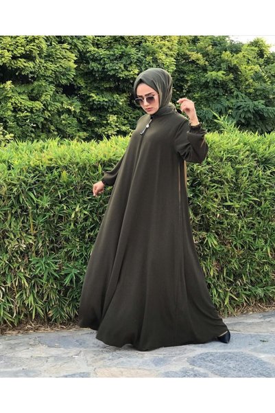 MODA ESRE FASHION Hijab Clothing Medina Silk Fabric Mevlana Ferace Khaki Green