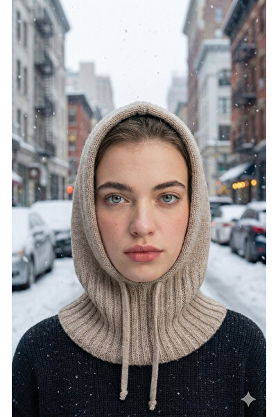 emybox İpli Örgü Triko Balaclava Kapüşonlu Kışlık Tesettür Başlık Kadın Bere