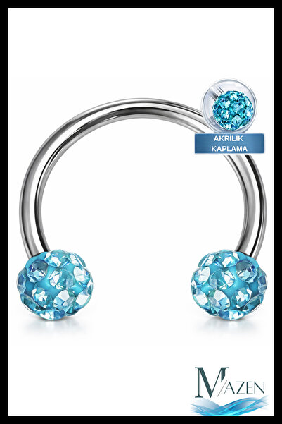 MAZEN Zirkon Taşlı Piercing | 8 Mm Turkuaz | Kararmaz Çelik | Kıkırdak Tragus...