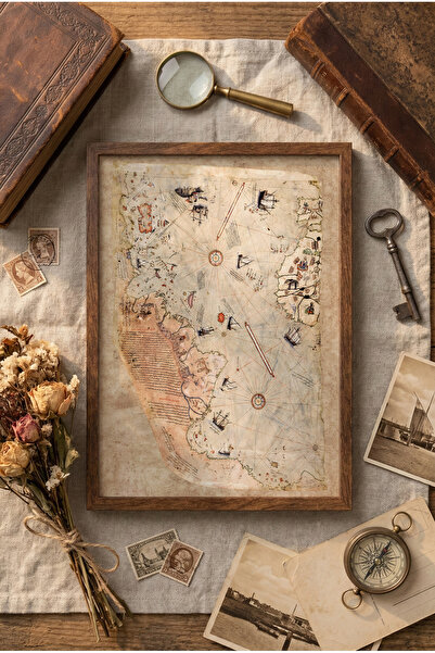epiqart Piri Reis Dünya Haritası - Ahşap Desenli Çerçeve