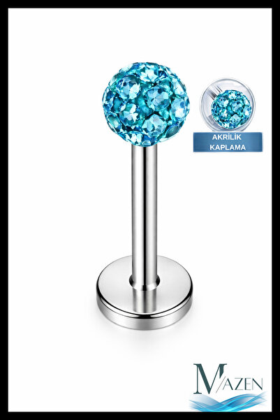 MAZEN Zirkon Taşlı Piercing | 8 Mm Turkuaz | Kararmaz Çelik | Kıkırdak Tragus...