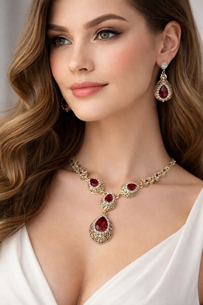 BB wikiki Otantik Hürrem Sultan Kırmızı Taşlı Kolye Küpe Seti