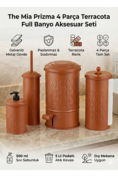 RİVO HOME DECOR The Mia Prizma 4 Parça Terracota Full Banyo Aksesuar Seti