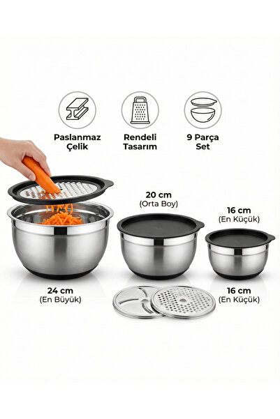 RİVO HOME DECOR طقم أوعية خلط وتخزين من الفولاذ المقاوم للصدأ مكون من 9 قطع م...