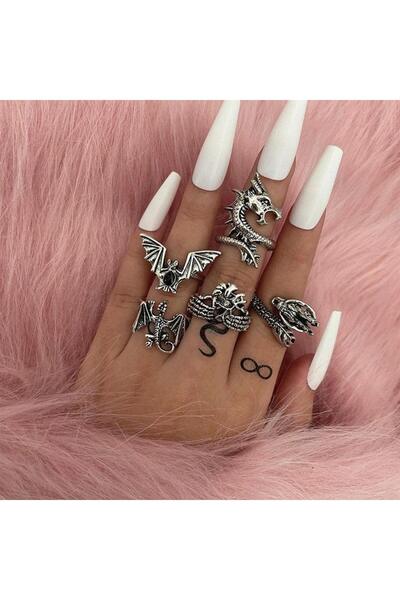 Pursehuit Set de 5 inele argintii, cu dragoni, Thedor C2