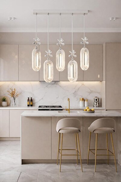 AURA LIGHTING Krom Elips 5'Li Yemek Masası Modeli 3 Renk LED Modern Avize Bey...