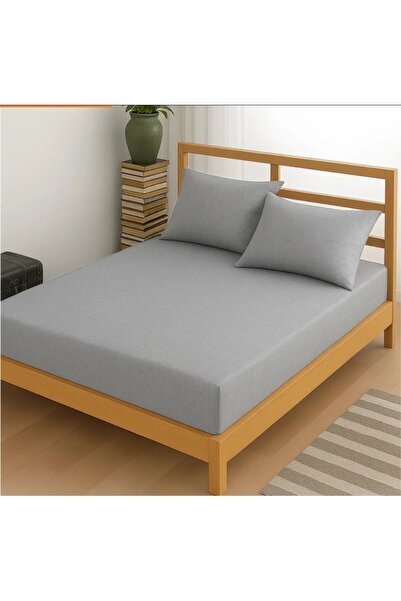 HSN LAGOM Gray Color Cotton Fitted Elastic Sheet 160*200 cm Double Size 30 cm...