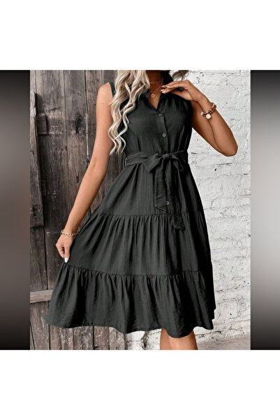 JANES Kadın Kısa Kollu Gömlek Yaka Düğmeli Beli Kuşaklı Katlı Dokuma Midi Elbise