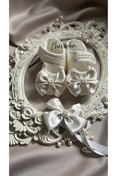 maviden Beyaz İncili Saten Yenidoğan Bebek Ayakkabısı & Saç Bandı| 0-6 ay / 1...