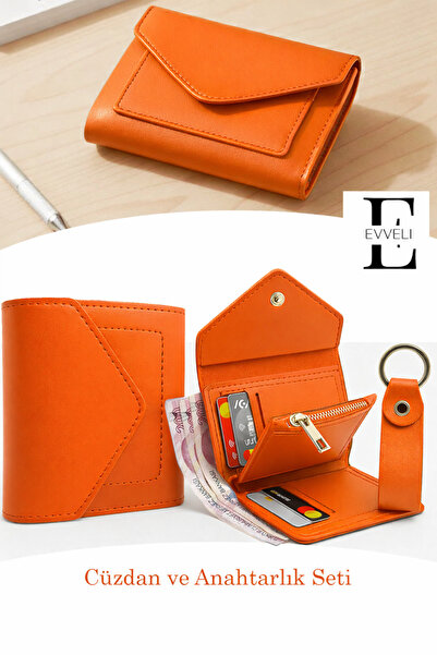 EVVELİ مجموعة محافظ نسائية |   هدية برتقالية صغيرة الحجم من الجلد مع سحاب وسل...