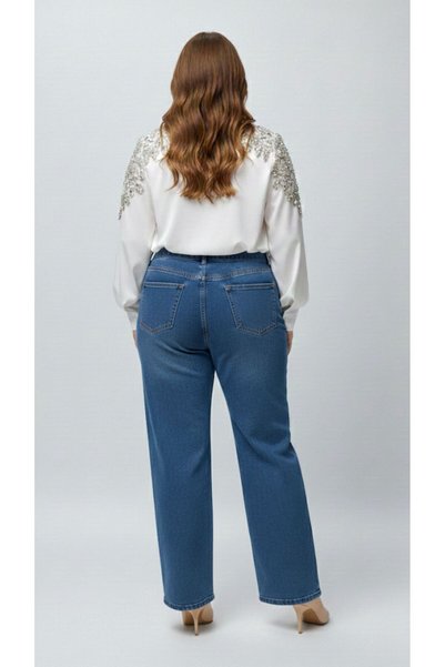nd jeans Premium Plus Size Jeans Wide Leg High Waist Pearl Stone-Detail Denim Trousers