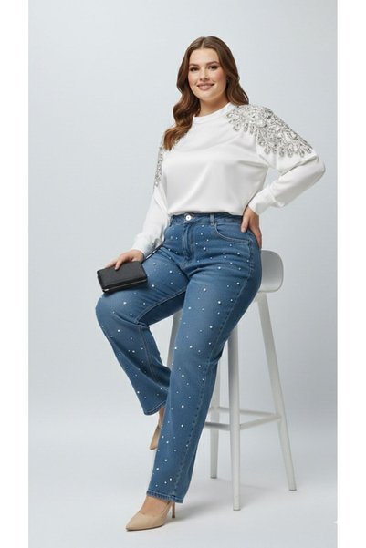 nd jeans Premium Plus Size Jeans Wide Leg High Waist Pearl Stone-Detail Denim Trousers